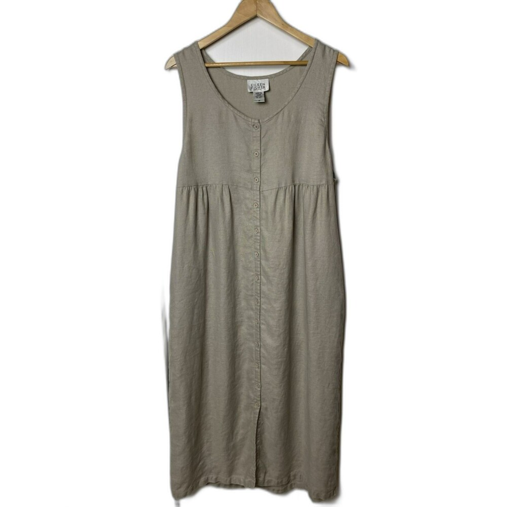 Eileen Fisher Womens M 100% Linen Maxi Dress Tan Button Front Pockets Sleeveless